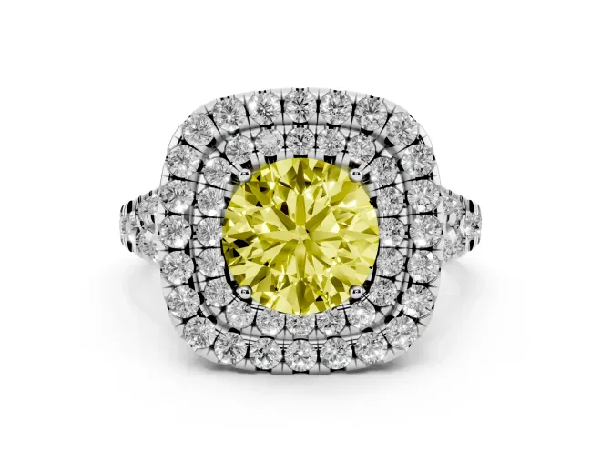 Fancy Yellow Round Cut Diamond Double Halo Ring Set in Silver with Pavé Split Shank and Prong Setting
