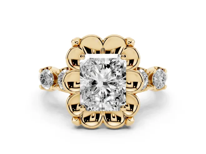 Radiant Cut Floral Engagement Ring Setting | Petal Frame and Side Stones | Yellow Gold