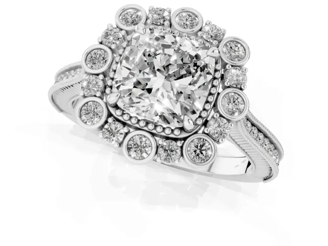 Cushion Cut Diamond Halo Milgrain Pavé Ring Set in White gold with Prong Setting – second view