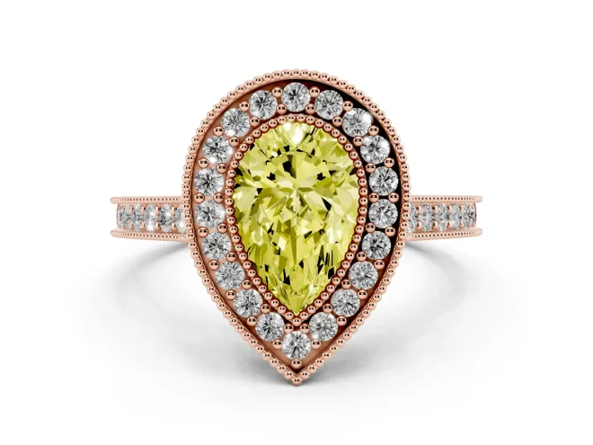 Pear-Shaped Vintage Milgrain Halo Engagement Ring Setting for a Fancy Yellow Lab-Grown Diamond | Bezel Head | Rose Gold