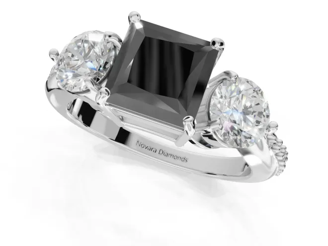 Fancy Black Princess Cut Lab-Grown Diamond Three-Stone Ring Set in Sterling Silver with Channel-Set Band and Prong Setting – second view