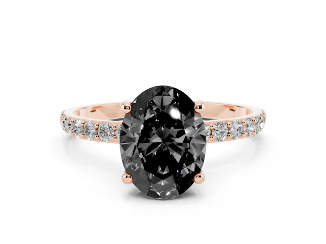 Fancy Black Oval Cut Diamond Solitaire Ring Set in Rose gold with Round Pavé Band and Prong Setting