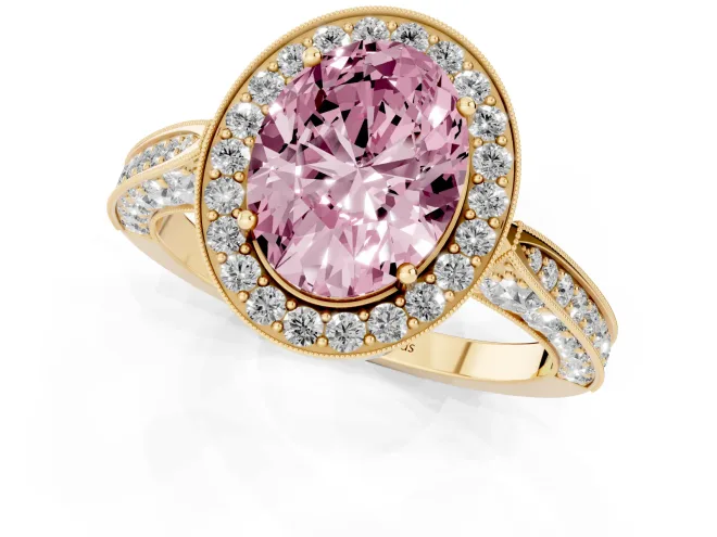 Fancy Pink Oval Cut Diamond Halo Engagement Ring Set in Yellow gold with Accent Split Shank Band – second view