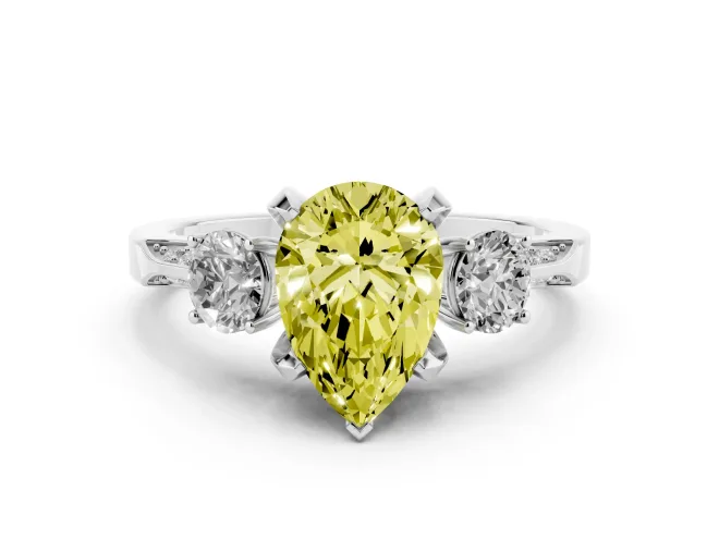 Fancy Yellow Pear Cut Diamond Three-Stone Ring Set in White gold with Pavé Band and Smaller Side Stones