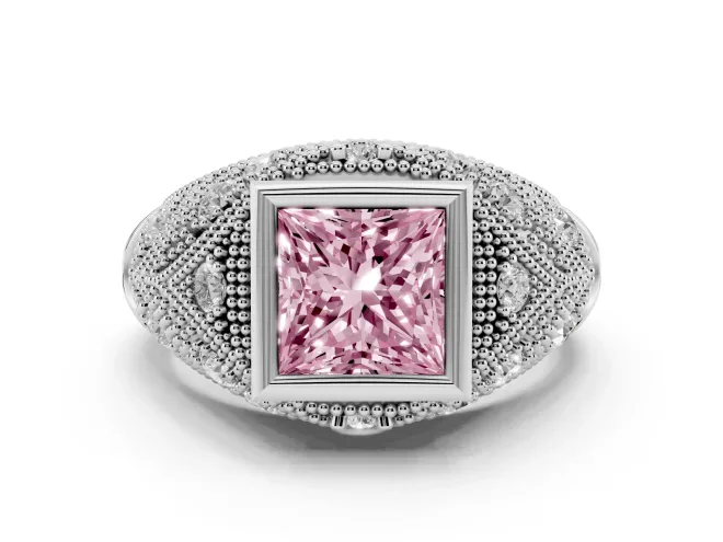 Fancy Pink Princess Cut Diamond Bezel Ring Set in Silver with Milgrain Accent Band
