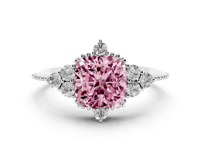 Fancy Pink Cushion Cut Diamond Cluster Ring Set in Silver with Beaded Band