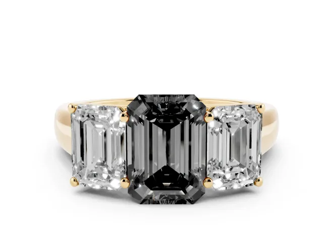 Fancy Black Emerald Cut Diamond Three-Stone Ring Set in Yellow gold with Plain Polished Band