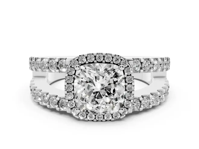 Cushion Cut Diamond Halo Ring Set in White gold with Pavé Split Shank and Prong Setting