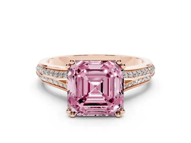 Asscher Cut Pavé Split Shank Engagement Ring Setting for a Fancy Pink Lab-Grown Diamond | Double Claw Prongs | Rose Gold