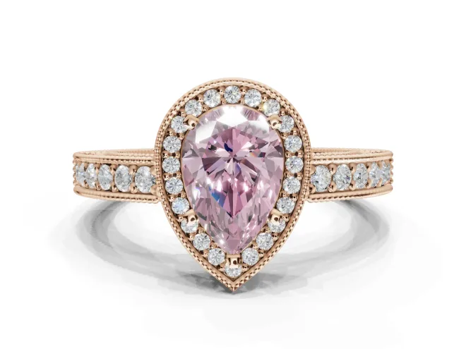 Pear-Shaped Milgrain Halo Engagement Ring Setting for a Fancy Pink Lab-Grown Diamond | Wide Pavé Band | Rose Gold