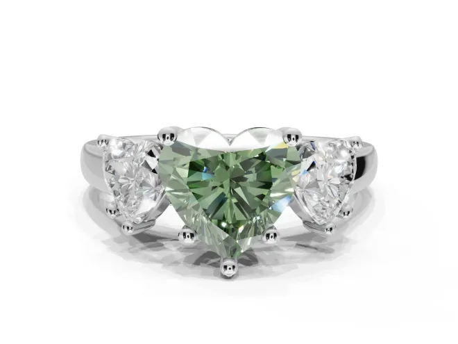 Heart-Shaped Three Stone Engagement Ring Setting for a Fancy Green Lab-Grown Diamond | Wide Tapered Shoulders | Platinum