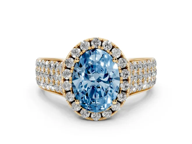 Oval Pavé Engagement Ring Setting for a Fancy Blue Lab-Grown Diamond | Wide Three-Row Band | Yellow Gold