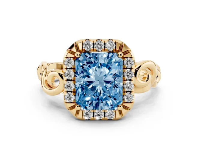 Radiant Cut Filigree Halo Engagement Ring Setting for a Fancy Blue Lab-Grown Diamond | Yellow Gold