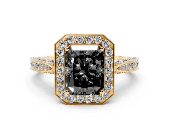 Fancy Black Radiant Cut Diamond Halo Engagement Ring Set in Yellow gold with Accent Split Shank Band