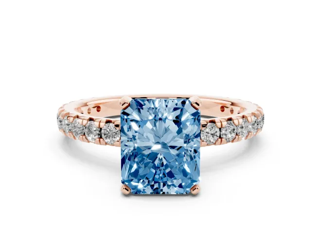 Fancy Blue Radiant Cut Diamond Pavé Solitaire Ring Set in Rose gold with Round Band and Prong Setting