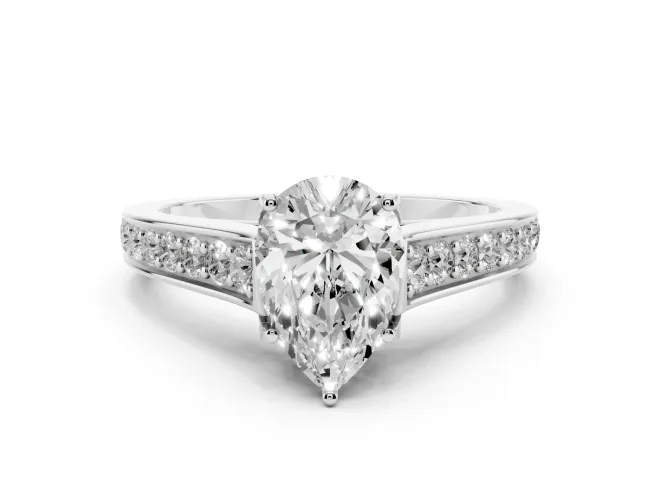Pear Cut Diamond Solitaire Pavé Engagement Ring Set in White gold with Prong Setting