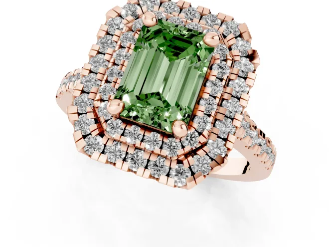 Fancy Green Emerald Cut Diamond Double Halo Statement Ring Set in Rose gold with Pavé Band – second view