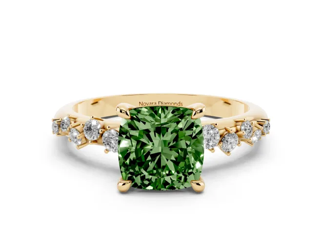 Fancy Green Cushion Cut Diamond Solitaire Vine Band Ring Set in Yellow gold with Round Accents and Prong Setting