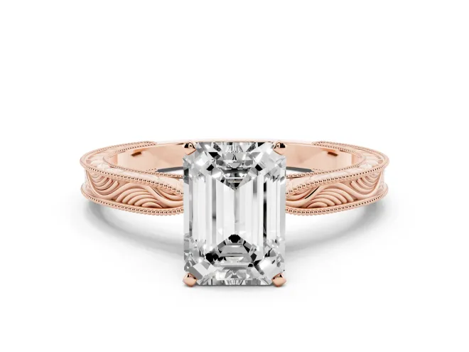 Emerald Cut Engraved Solitaire Engagement Ring Setting | Milgrain Edges | Rose Gold