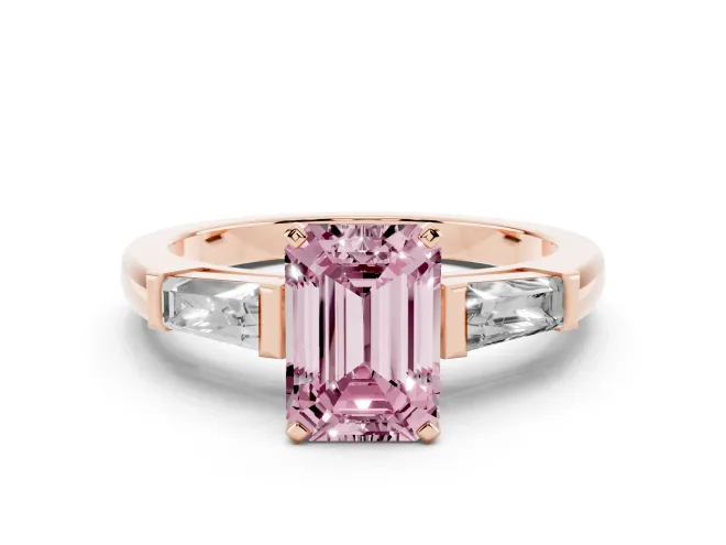 Emerald Cut Three Stone Engagement Ring Setting for a Fancy Pink Lab-Grown Diamond | Tapered Baguettes | Rose Gold