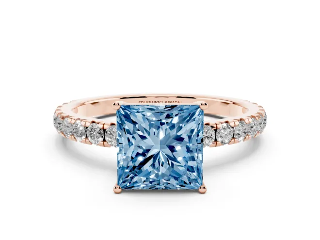 Fancy Blue Princess Cut Diamond Pavé Solitaire Engagement Ring Set in Rose gold with Prong Setting