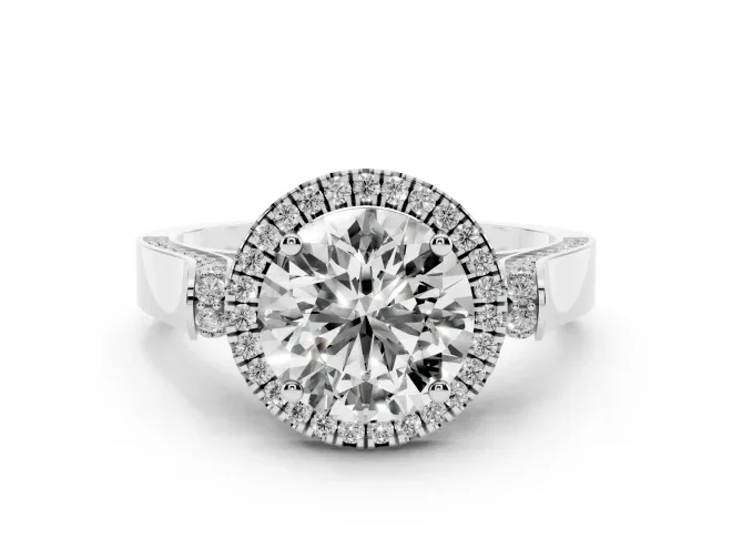 Round Cut Diamond Halo Ring Set in Silver with Pavé-Lined Split Shank Band