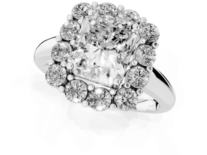 Radiant Cut Diamond Halo Cluster Engagement Ring Set in Silver with Polished Band and Prong Setting – second view