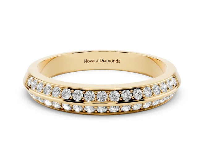 Round Lab-Grown Diamond Double Row Pavé Knife Edge Wedding Band | Raised Divider | Yellow Gold