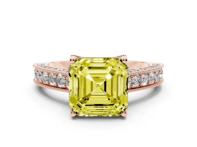 Asscher Cut Hidden Halo Engagement Ring Setting for a Fancy Yellow Lab-Grown Diamond | Milgrain Pavé | Rose Gold