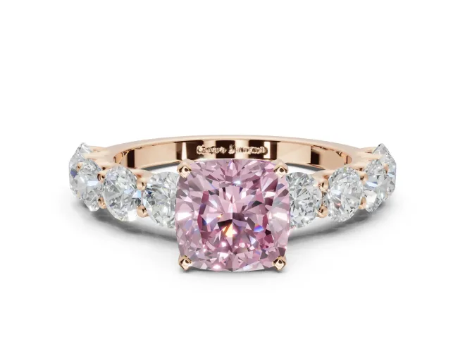 Cushion Cut Side Stone Engagement Ring Setting for a Fancy Pink Lab-Grown Diamond | Scalloped Prong Accents | Rose Gold