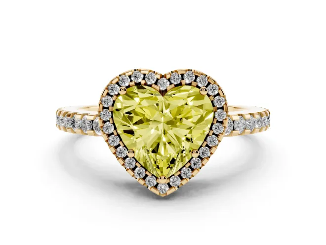 Fancy Yellow Heart Cut Diamond Halo Ring Set in Yellow gold with Pavé Shoulders and Halo-Framed Center