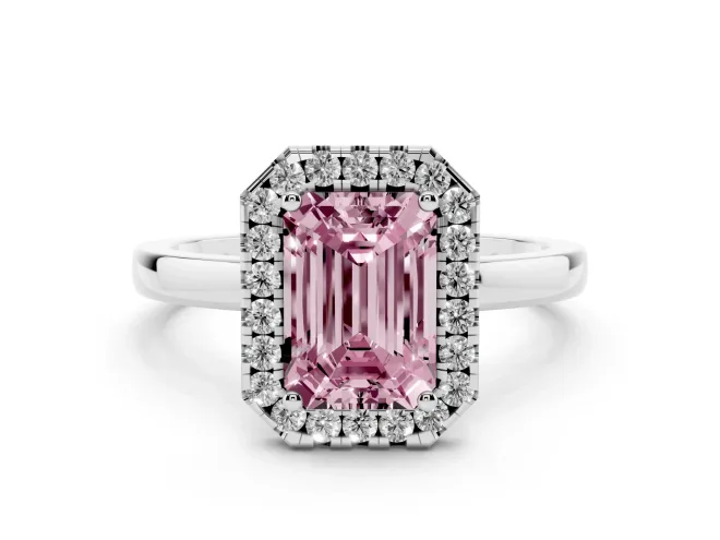 Emerald Cut Thin Halo Engagement Ring Setting for a Fancy Pink Lab-Grown Diamond | Plain Polished Band | White Gold