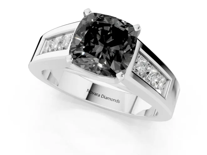 Fancy Black Cushion Cut Diamond Solitaire Ring Set in White gold with Channel-Set Accent Stones and Prong Setting – second view