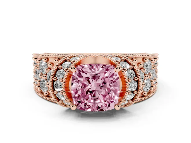 Cushion Cut Vintage Pavé Engagement Ring Setting for a Fancy Pink Lab-Grown Diamond | Milgrain Edges | Rose Gold