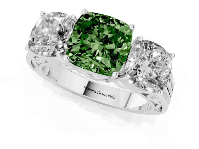 Cushion Cut Three Stone Engagement Ring Setting for a Fancy Green Lab-Grown Diamond | Beaded Shoulders | Sterling Silver – second view