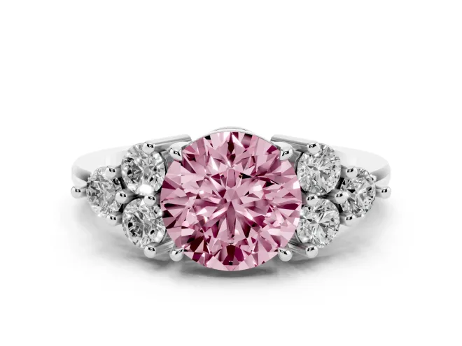 Fancy Pink Round Cut Diamond Solitaire Ring Set in White gold with Cluster Accents on Each Side