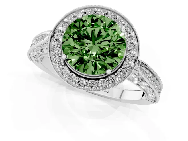 Fancy Green Round Cut Diamond Halo Engagement Ring Set in Platinum with Accent Split Shank Band – second view