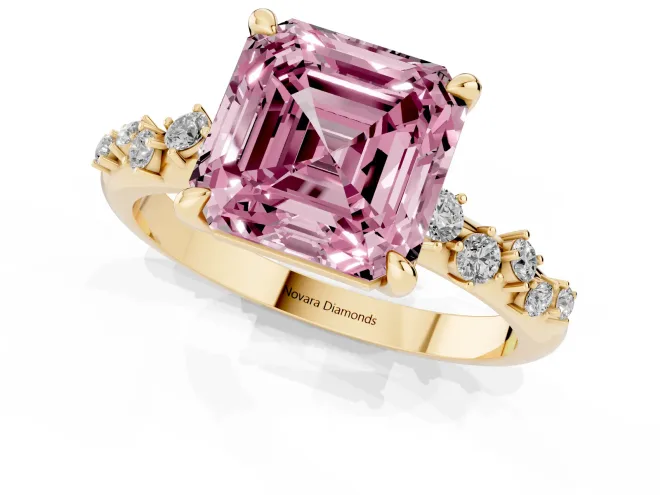 Fancy Pink Asscher Cut Diamond Solitaire Vine Band Ring Set in Yellow gold with Round Accents and Prong Setting – second view