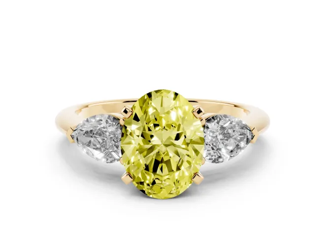 Oval Three-Stone Ring Setting for a Fancy Yellow Lab-Grown Diamond | Pear Side Stones | Yellow Gold