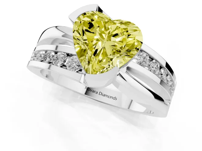 Fancy Yellow Heart Cut Diamond Solitaire Ring Set in Silver with Channel Set Split Shank and Tension Prongs – second view
