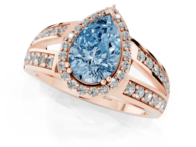 Fancy Blue Pear Cut Diamond Halo Ring Set in Rose gold with Double Pavé Split Shank – second view
