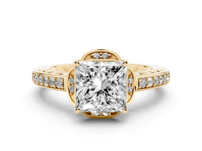 Princess Cut Floral Pavé Engagement Ring Setting | Petal Accents | Yellow Gold
