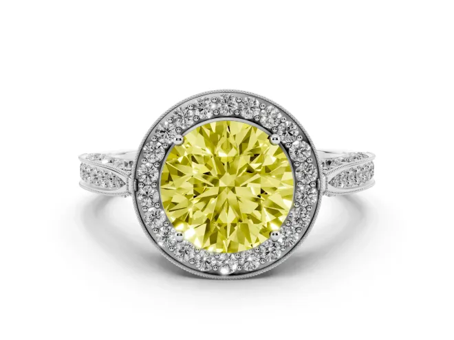 Fancy Yellow Round Cut Diamond Halo Engagement Ring Set in Platinum with Accent Split Shank Band