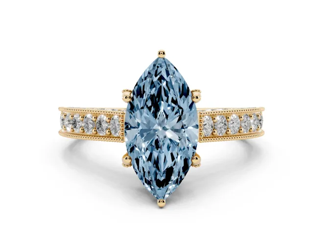 Marquise Hidden Halo Engagement Ring Setting for a Fancy Blue Lab-Grown Diamond | Milgrain Pavé | Yellow Gold