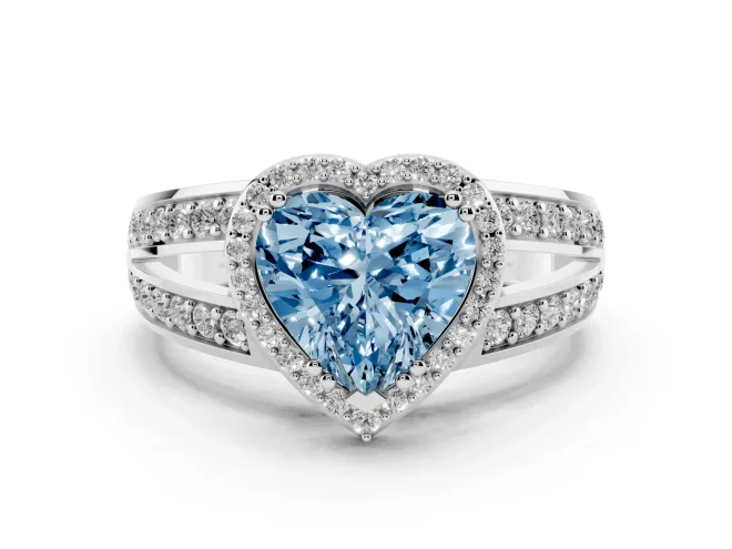 Fancy Blue Heart Cut Diamond Halo Ring Set in Platinum with Double Pavé Split Shank