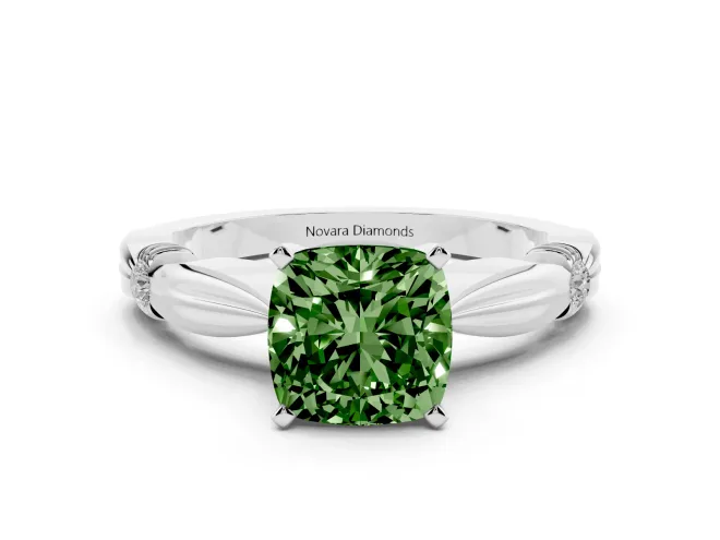 Fancy Green Cushion Cut Diamond Solitaire Twisted Band Ring Set in White gold with Accent Stones and Prong Setting
