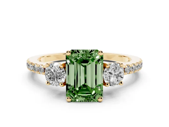 Fancy Green Emerald Cut Diamond Three-Stone Ring Set in Yellow gold with Pavé Band and Graduated Sides