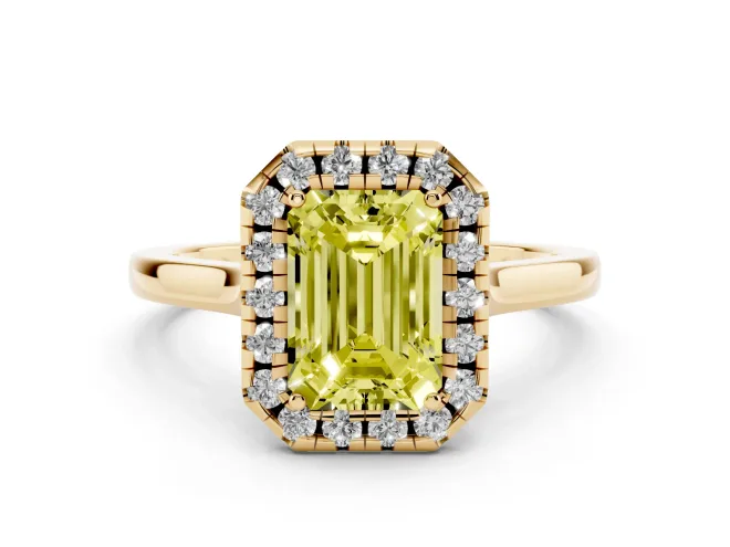 Fancy Yellow Emerald Cut Halo Round Diamond Solitaire Ring Set in Yellow gold with Pavé Band and Prong Setting