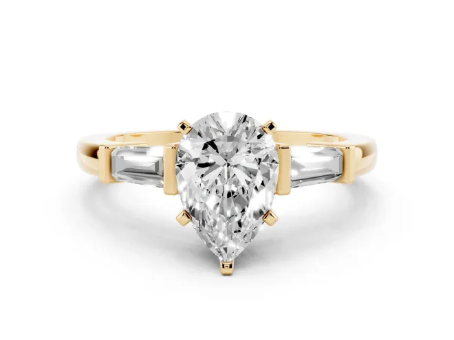Pear-Shaped Three-Stone Engagement Ring Setting | Tapered Baguettes | Yellow Gold