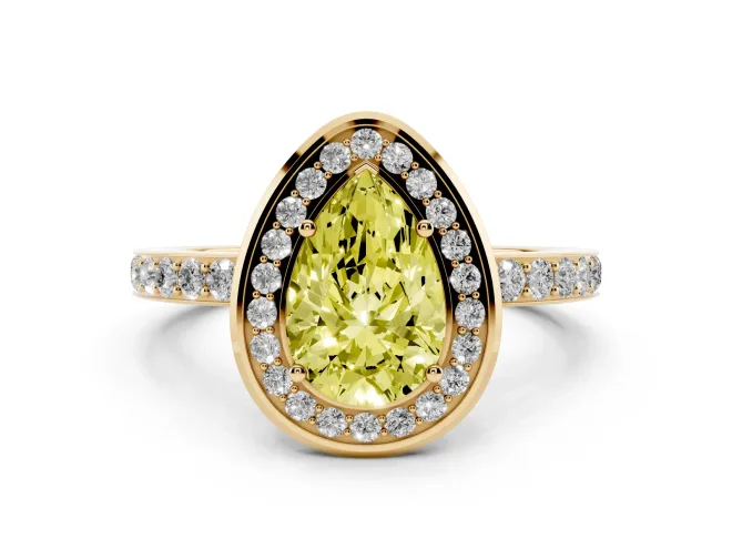Pear-Shaped Bezel-Rim Halo Engagement Ring Setting for a Fancy Yellow Lab-Grown Diamond | Pavé Band | Yellow Gold